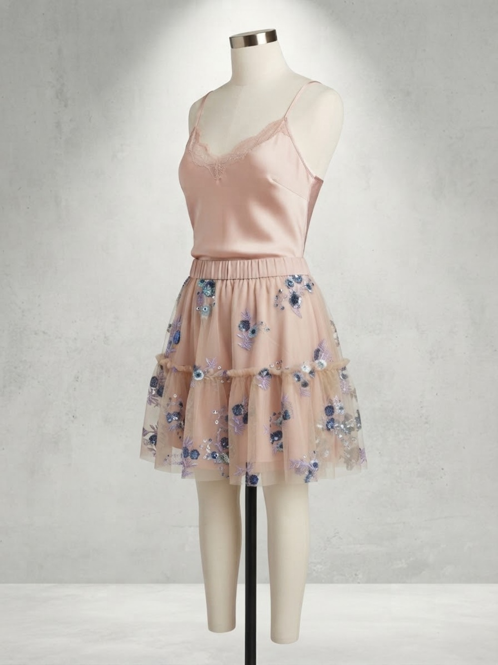 Eva Franco Blush Pink Tiered Tulle Mini Skirt with Blue Floral Embroidery